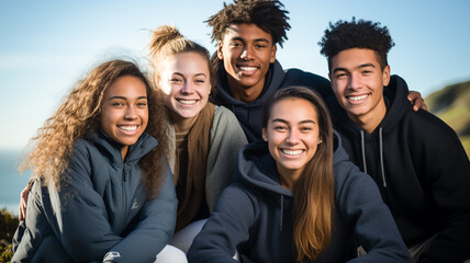 Portrait of multi-ethnic friends. Happy people looking at the camera smiling. Concept of community, youth lifestyle and friendship.

