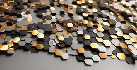 Abstract futuristic luxurious digital geometric technology hexagon background banner illustration 3d - Glowing gold, brown, gray and black hexagonal 3d shape texture wall (Generative