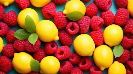  raspberries, lemons, and raspberries arranged in a pattern.  generative ai
