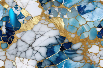 beautiful texture white and blue marble with gold veins broken glass effect background
