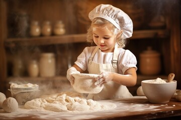 happy child in beautiful chef's clothes prepares a pie