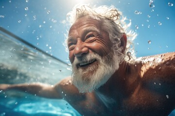 smiling middle aged man swimming. - obrazy, fototapety, plakaty