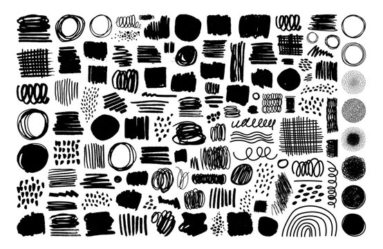 Charcoal scribble stripes and bold paint shapes. Childrens crayon or marker doodle rouge handdrawn scratches. Vector illustration of squiggles in marker sketch style