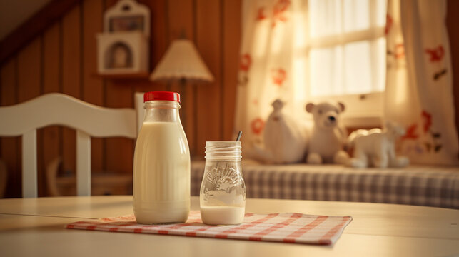 baby food, milk or formula for the baby against the background of a cozy baby room