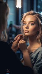 a happy make-up artist giving a make-up tutorial. Depth of field. generative ai