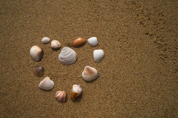Fototapeta na wymiar Heart of sea shells on sandy beach summer background. 
