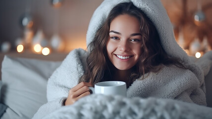 A Cheerful woman drinking coffee while sitting under the covers on the couch at home.generative ai - Powered by Adobe