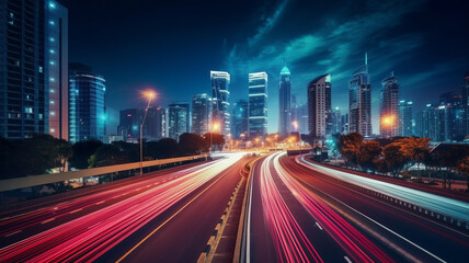 Obraz premium Abstract business background with buildings and long exposure photo of a highway at night.generative ai