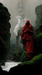 a futuristic technopunk male monk in red and black robes of smoke stands before the entrance of Valhalla made in rocks moss djungle heavy rainstorm ornate beautiful extreme detailed statues lush 