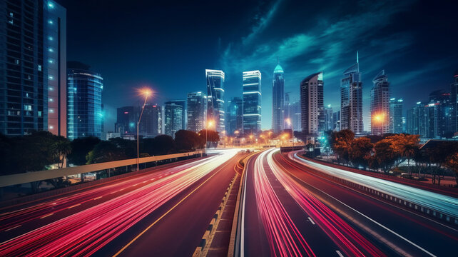 Abstract business background with buildings and long exposure photo of a highway at night.generative ai