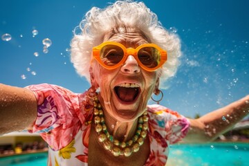 An older woman wearing yellow sunglasses and a pink floral swimsuit while splashing water in the pool. Stylish Older Woman with Vibrant Sunglasses and a Colourful Swimsuit