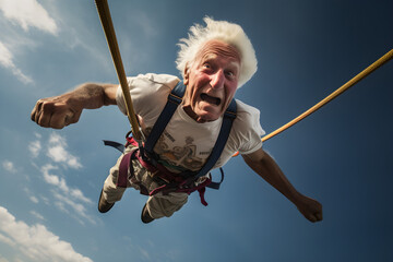 senior retired man bungee jumping enjoying retirement