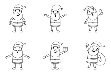 Set of Line art funny Santa with different emotions and situations for Christmas and New Year