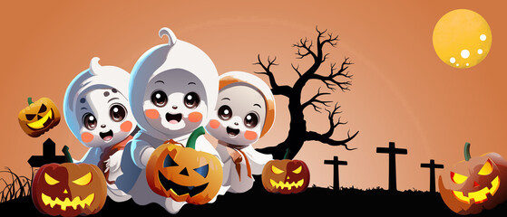 Halloween celebration background concept and three children dressed in pumpkin ghost costumes on a full moon night in the cemetery on orange background. illustration, copy space - 3D rendering