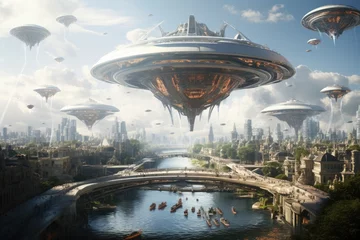 Papier Peint photo UFO Fantasy alien planet. 3d rendering. Futuristic city, Create a futuristic cityscape of Asunción, where drones and flying cars seamlessly navigate the skies above architectural marvels, AI Generated