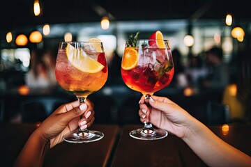 Close up of two female hands holding glasses of cocktails in the bar, Cropped image of female friends clinking glasses with cocktails at bar counter, AI Generated - obrazy, fototapety, plakaty