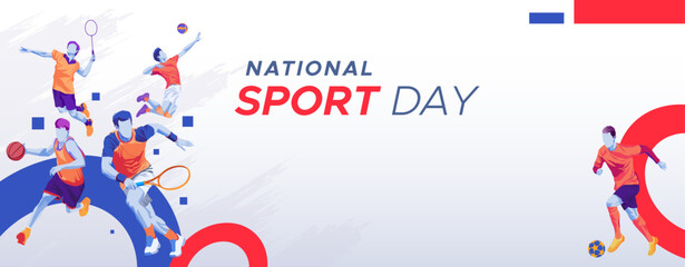 Banner template for national sports day football, basketball, tennis and volleyball background. world sports celebration	