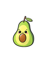 Cute happy funny avocado. Vector Happy cute smiling avocado face, kawaii fruit character, fruit sticker, Seamless pattern with the image of emoji avocado and hearts on a blue background