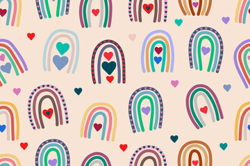 Set of cute illustrations, with abstract full color rainbow, Striped arch in vintage pastel colors, with hearts, vector illustration