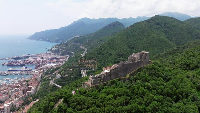 Panoramic view of Salerno, Campania, Italy - Panoramic view of the gulf from the top of the castle Arechi, The ruins of the ancient castle Arechi in Salerno, on the Amalfi Coast, 