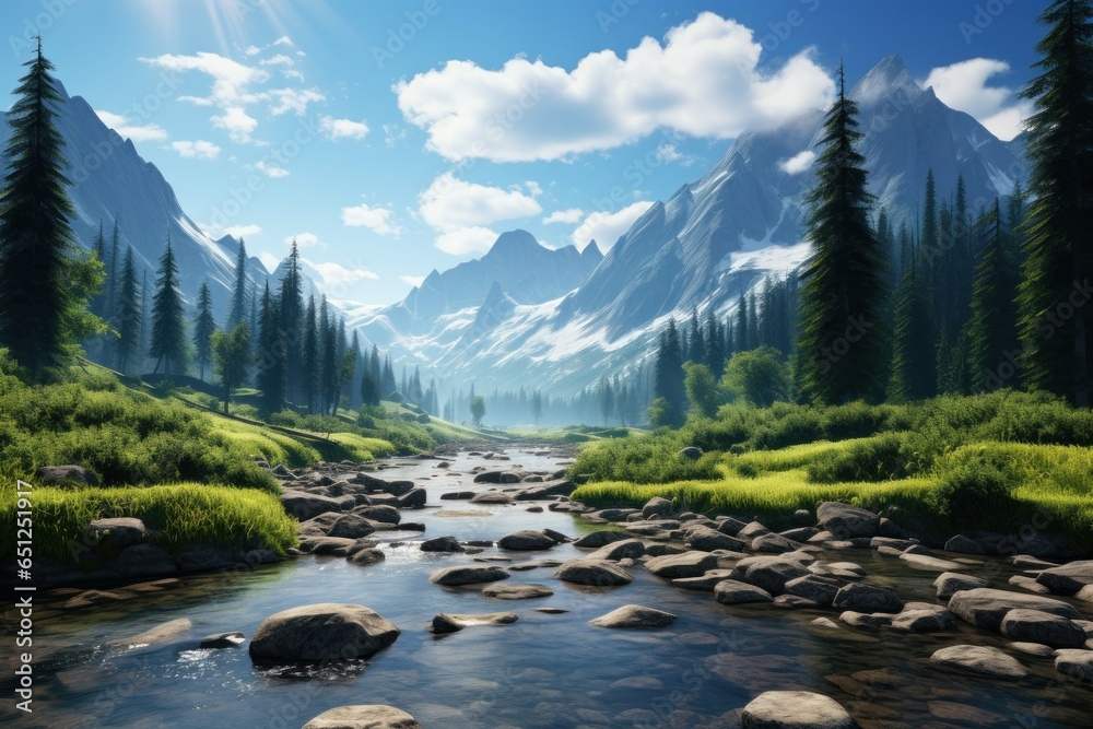 Wall mural canada landscape with mountains, river and forest. beautiful nature. generative ai art.