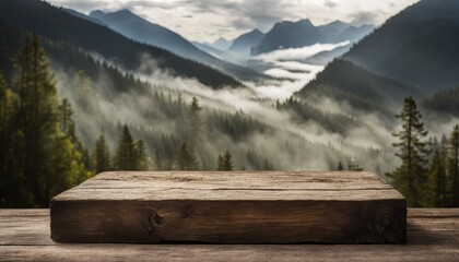 Empty Blank Rustic Old Wooden Podium Platform Stand Misty Mountains View Foggy Spruce Forest Nature Background National Park Landscape Backdrop Outdoors Mockup Product Display Showcase Montage Natural