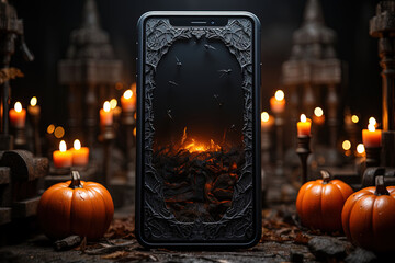Phone blank screen mockup in banner sales and app design template in 3D illustration Halloween background