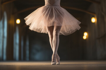Ballerina dancing in ballet class. Ballet dancer legs in pointe shoes is performing on theatre stage
