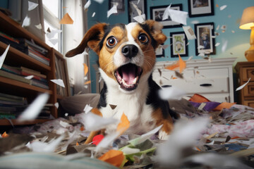 Happy dog make mess in living room. Naughty pet damaged apartment - obrazy, fototapety, plakaty