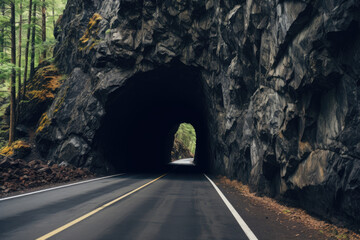 Road leading to car tunnel. Tunnel entrance on highway