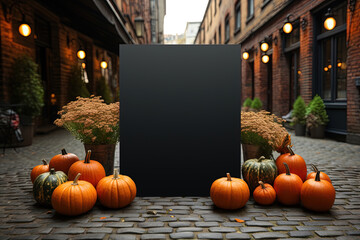 Black Halloween Welcome Signboard Blank Mockup Copy Space. Black Outdoor Blackboard Menu with Autumn Holiday Decorations with Pumpkins and Vase of Flowers.