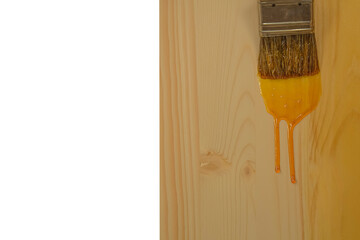 Painting a wooden surface with drying oil (varnish). Isolated on transparent background.
