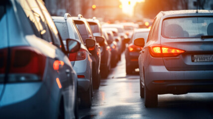 Cars in heavy jams traffic in the center of city streets, highways, abstract images blurry background