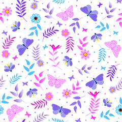 Fototapeta na wymiar ditsy floral print. blue pink butterfly and firefly in the garden. botanical flowers seamless pattern. good for fabric, fashion design, wallpaper, summer spring dress, kids wear, textile, background.