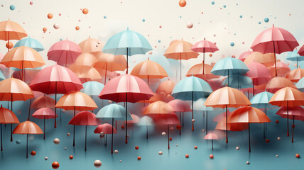 pastel Colorful umbrellas on the raining sky.