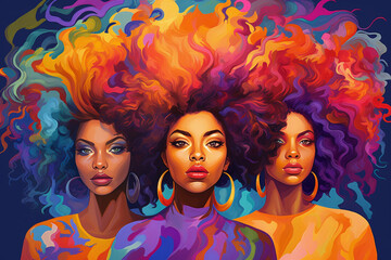 three women with colorful hair in front of a colorful background