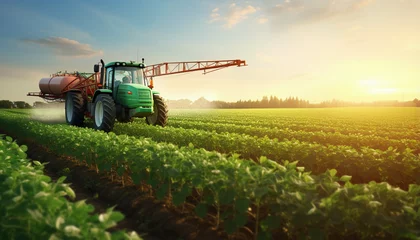 Poster tractor is applying pesticides and fertilizer to a soybean crop field, exemplifying smart farming technology and sustainable agricultural practices ze © wiizii