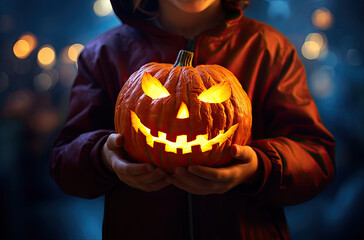 Kind h&auml;lt Halloween-K&uuml;rbis mit leuchtenden Augen in der Hand 