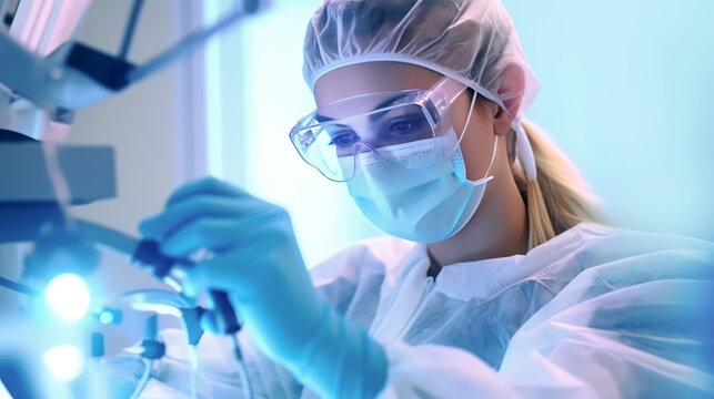 Young orthodontist dental female working in the dental clinic. Technican working with medical equipment in the Research Technology Lab. Generative Ai