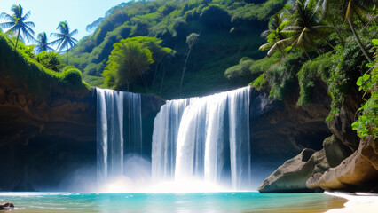Realistic photo painting of waterfall on a paradisiacal beach, Generative Ai. - obrazy, fototapety, plakaty