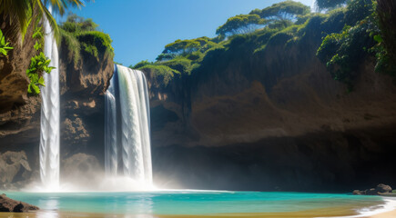 Realistic photo painting of waterfall on a paradisiacal beach, Generative Ai.