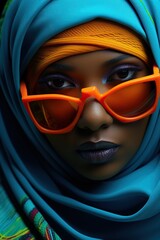 a woman wearing orange sunglasses and blue scarf