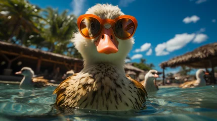 Fotobehang A duck wearing sunglasses enjoys a casual swim in a pool, its reflection distorted by the water's movement. Generative AI © Dougie C