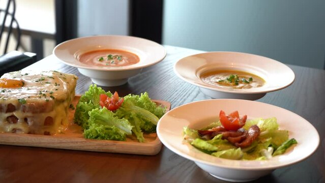 Various foods ,soup, madame croque