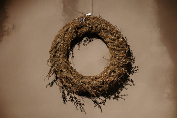 Festive Wreath Adorning the Wall. Christmas Interior Decor.