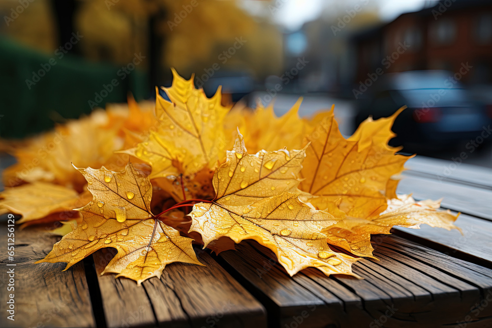 Poster yellow maple leaves on a wooden table with a blurred bokeh background. empty free space for product 