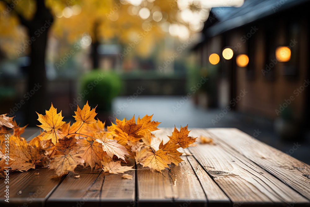 Wall mural yellow maple leaves on a wooden table with a blurred bokeh background. empty free space for product 