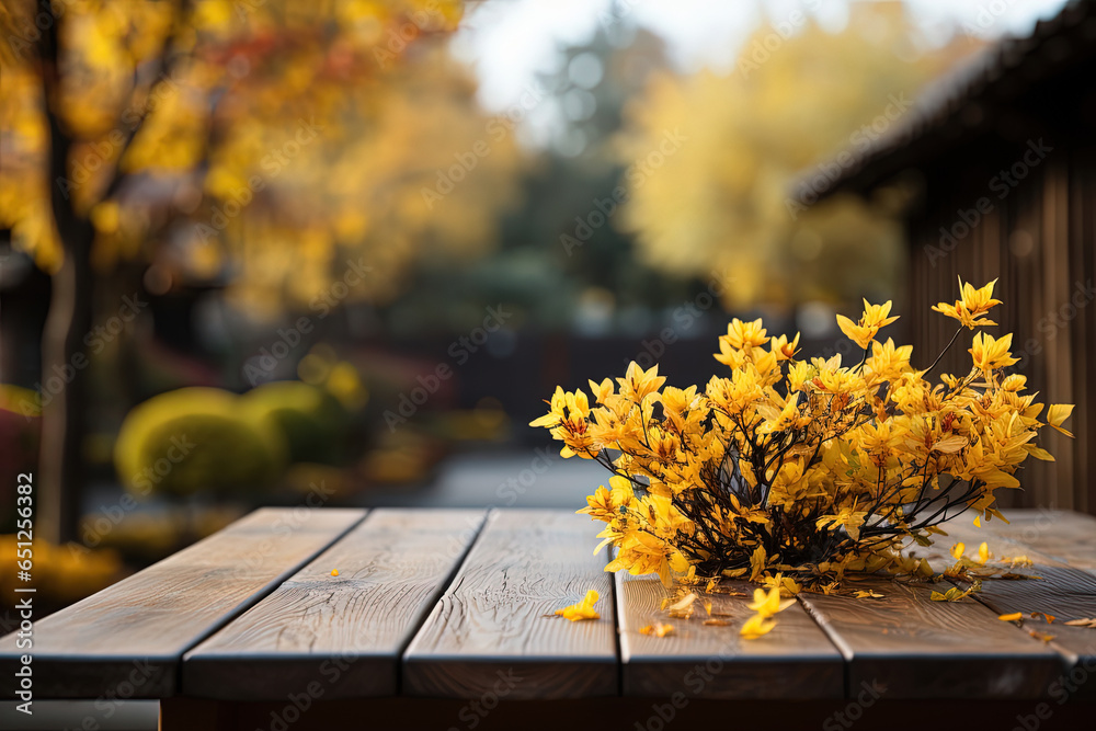 Poster yellow maple leaves on a wooden table with a blurred bokeh background. empty free space for product 