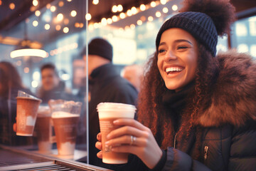Girl at a street stall at a fair buying a hot chocolate - obrazy, fototapety, plakaty