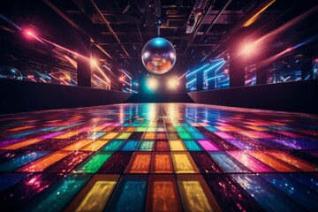 Illustration of a vibrant disco dance floor with a dazzling disco ball at its center created with Generative AI technology
